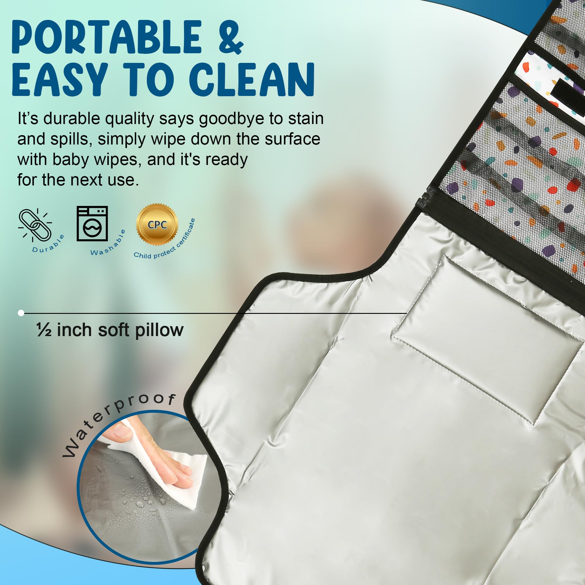 Dreamland Delights integrated wipe and sack storage for on-the-go essentials