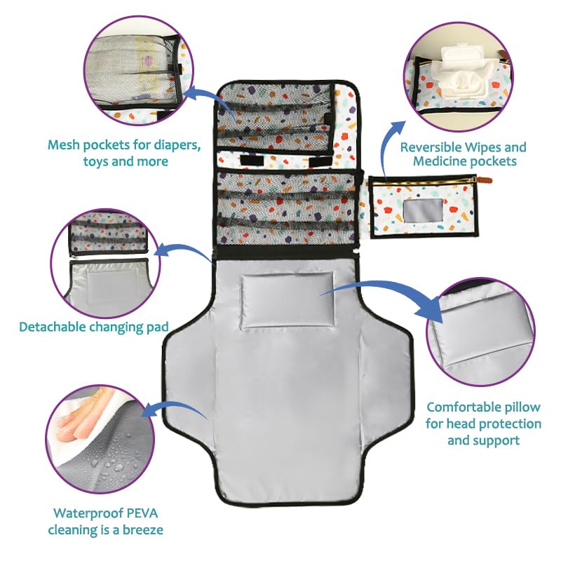 Dreamland Delights travel changing pad showing wipe pocket and compact fold
