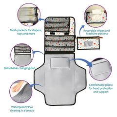 Dreamland Delights travel changing pad showing wipe pocket and compact fold