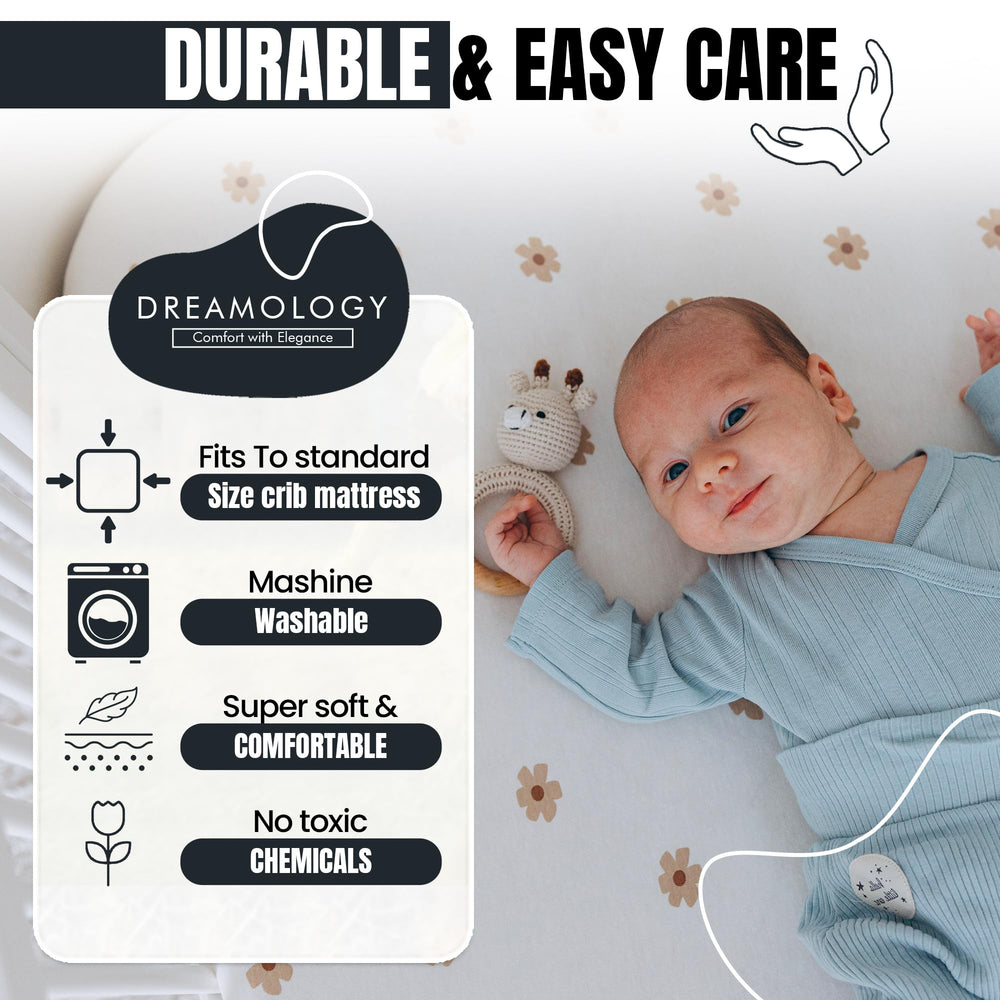 Dreamology bassinet sheets in brown flowers for oval cribs, snug fit and gentle, irritation-free sleep.