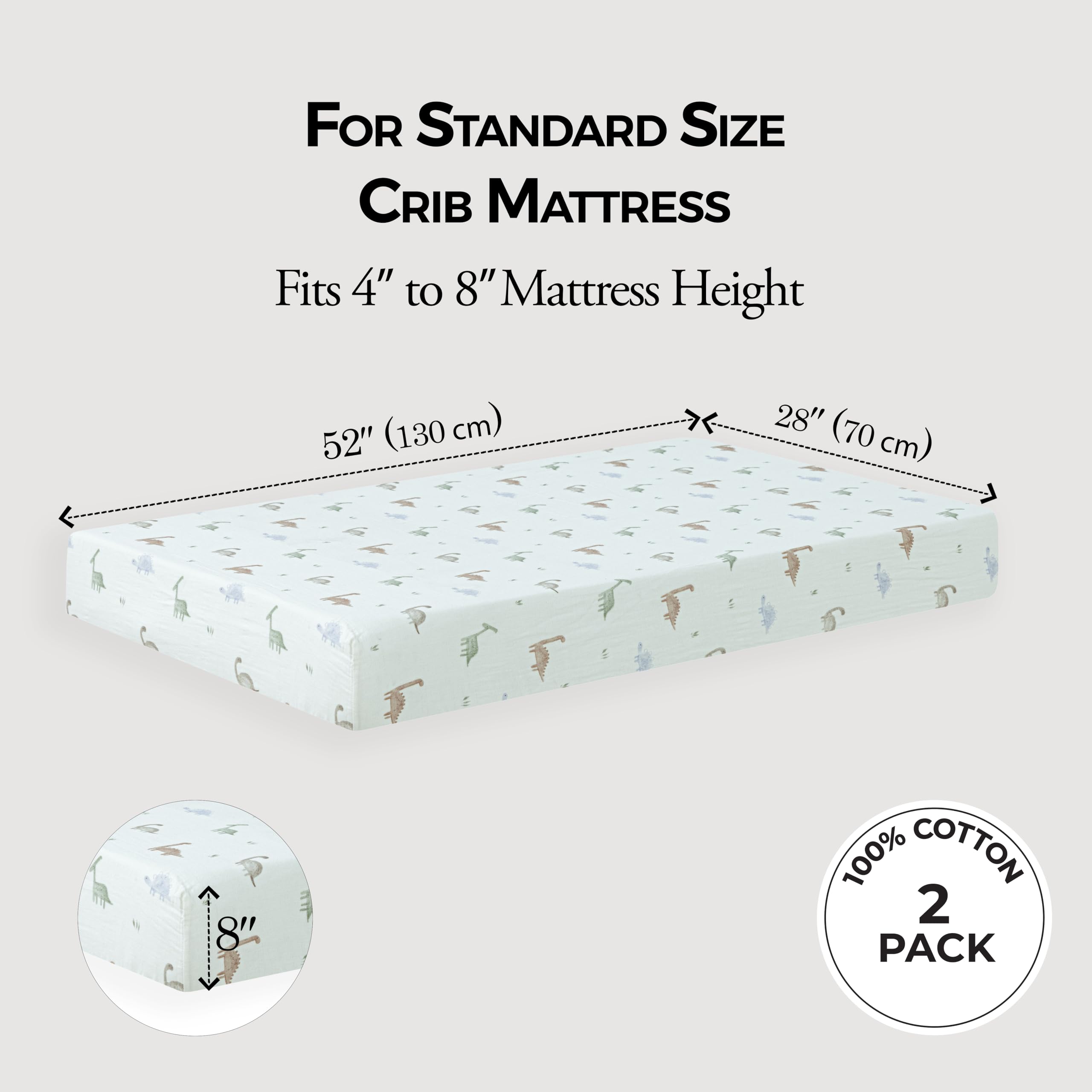 Dreamology crib sheet highlighting eight-inch deep pockets for a snug fit.