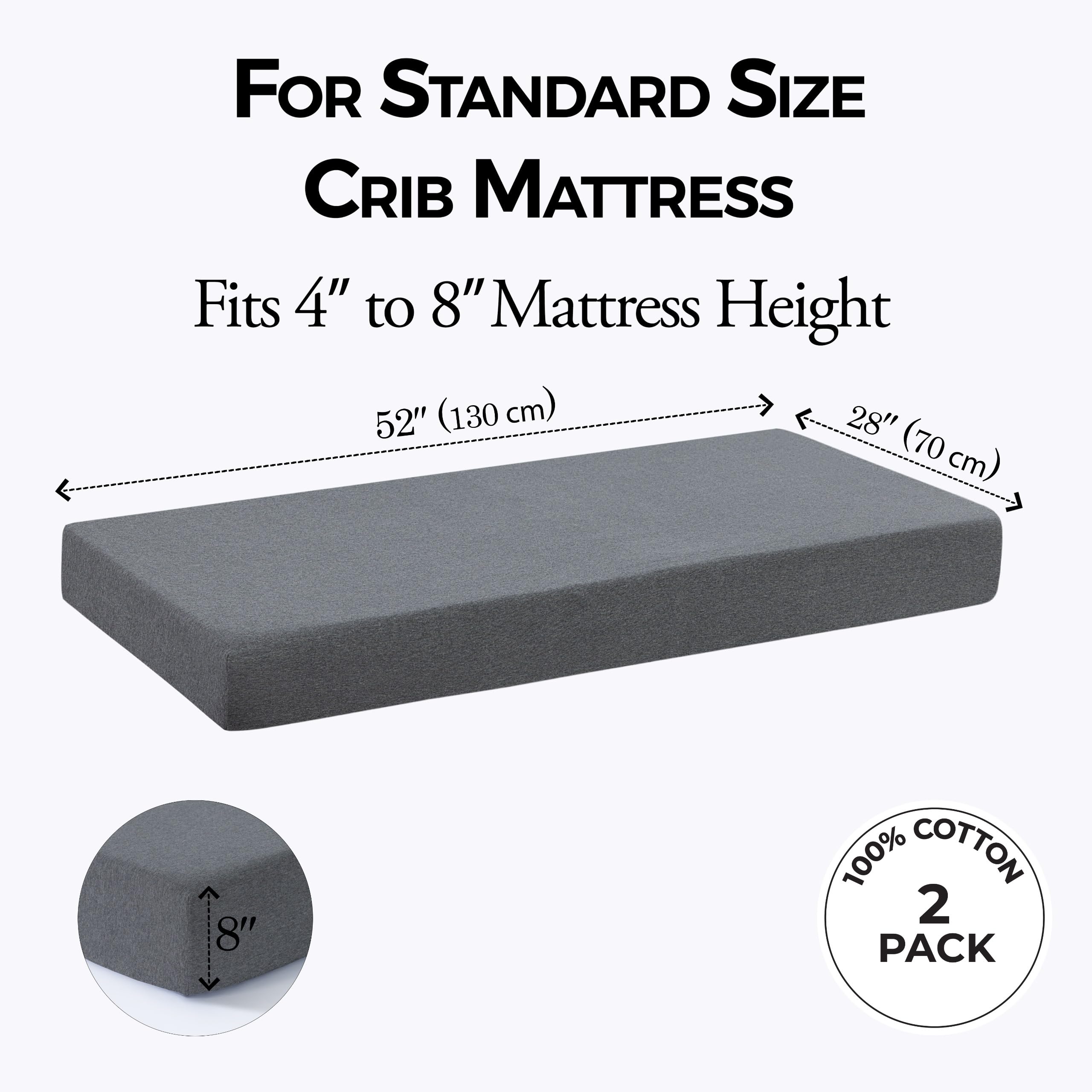 Dreamology crib sheets 52x28 on crib mattress demonstrate a snug fit for standard cribs.