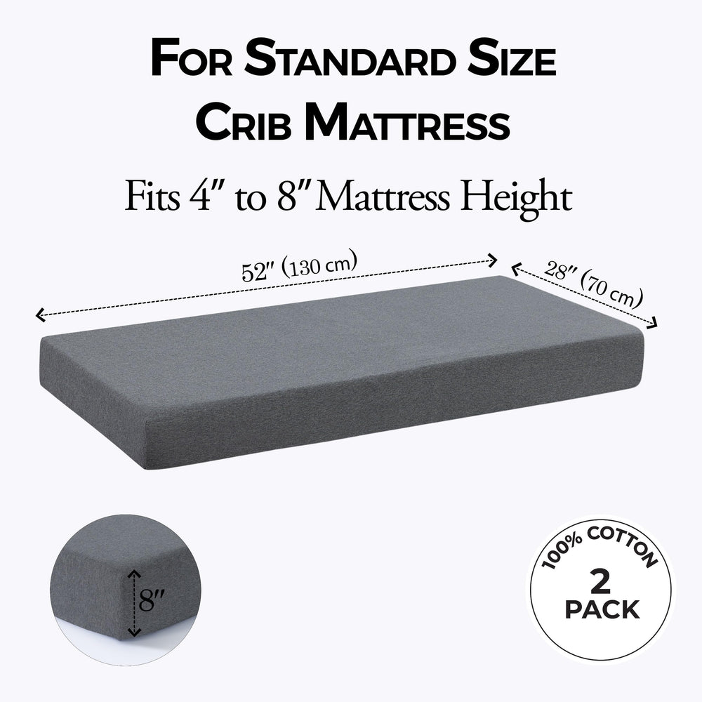Dreamology crib sheets 52x28 on crib mattress demonstrate a snug fit for standard cribs.