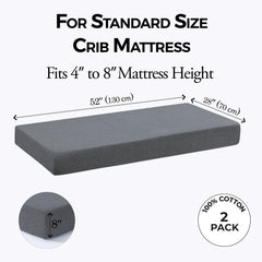 Dreamology crib sheets 52x28 on crib mattress demonstrate a snug fit for standard cribs.