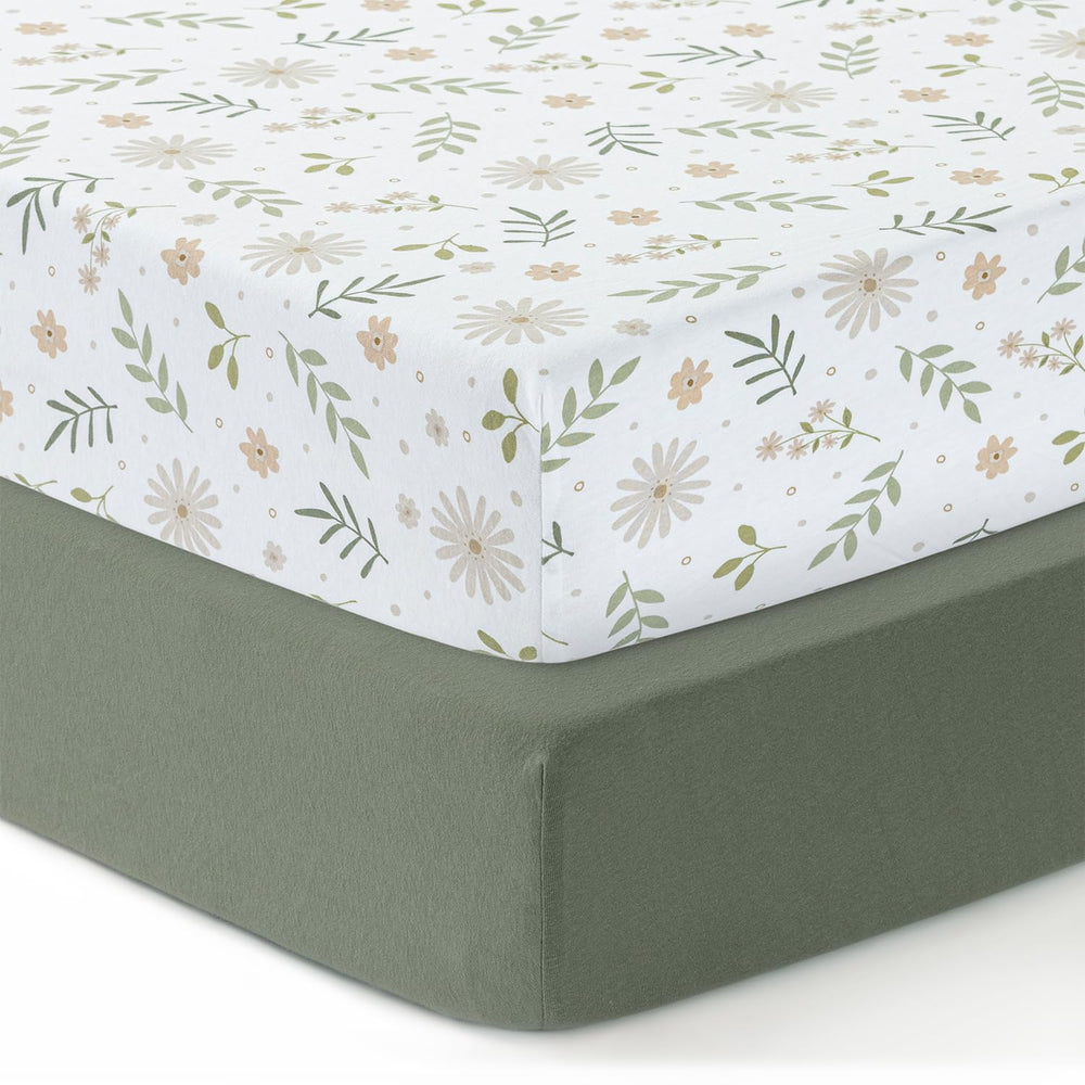 Dreamology crib sheets green-flowers close-up shows soft cotton for gentle baby sleep