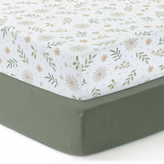 Dreamology crib sheets green-flowers close-up shows soft cotton for gentle baby sleep
