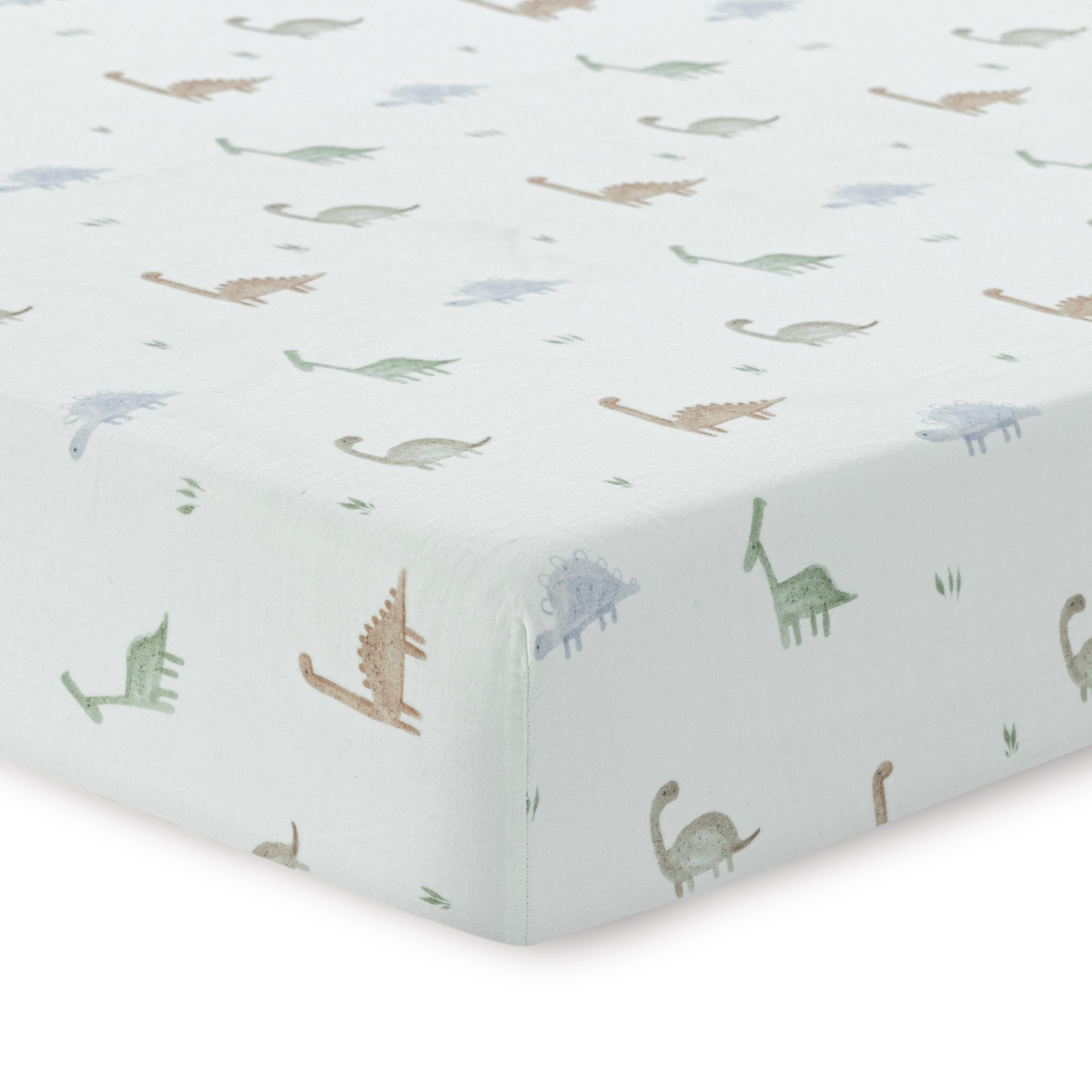 Dreamology Dino-print crib sheet with soft texture supports gentle sleep.