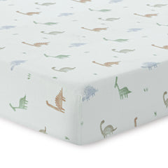Dreamology Dino-print crib sheet with soft texture supports gentle sleep.