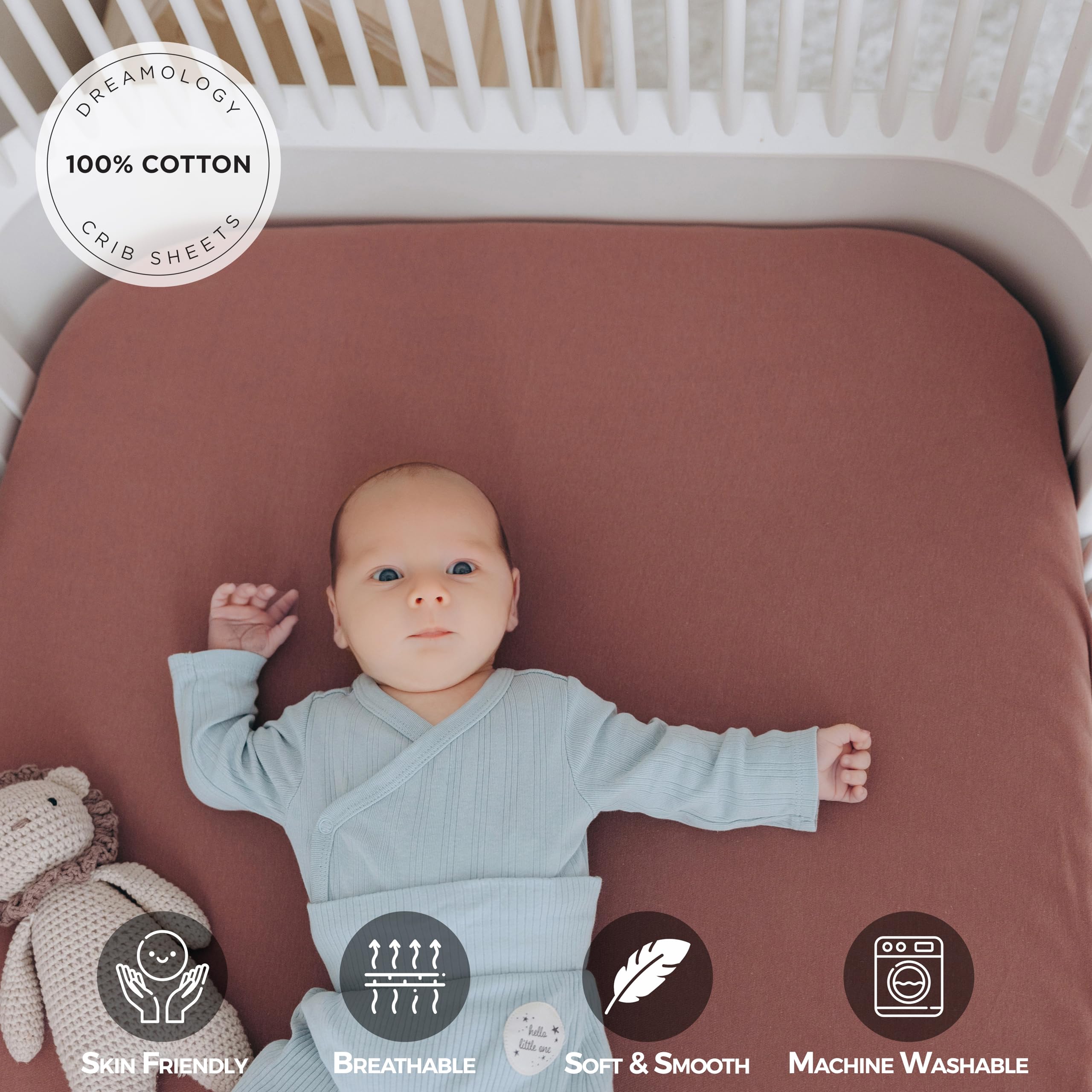 Dreamology Jersey Crib Sheets close-up showing breathable, hypoallergenic cotton.