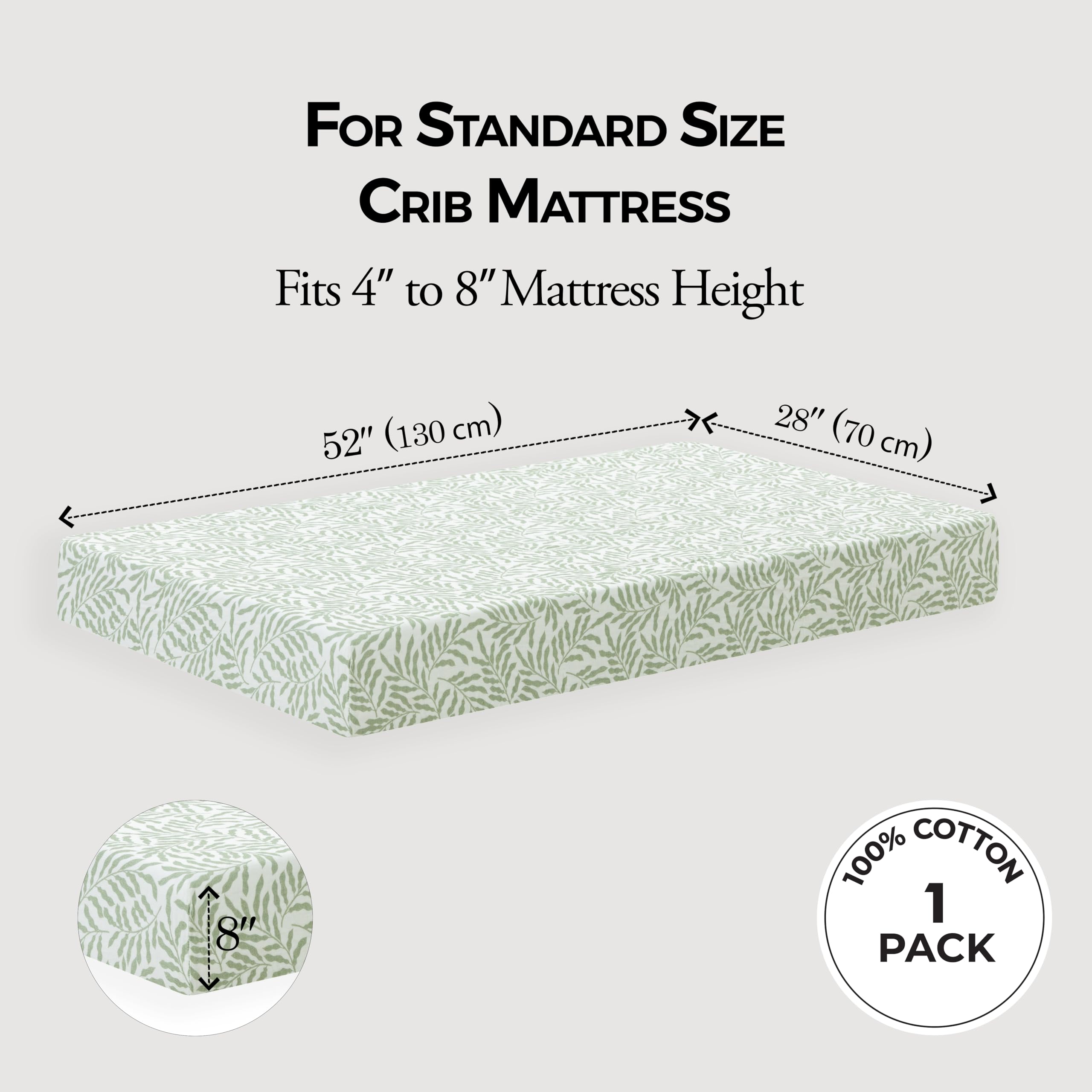 Dreamology Leaves muslin crib sheet on mattress shows secure fit for 28x52x8