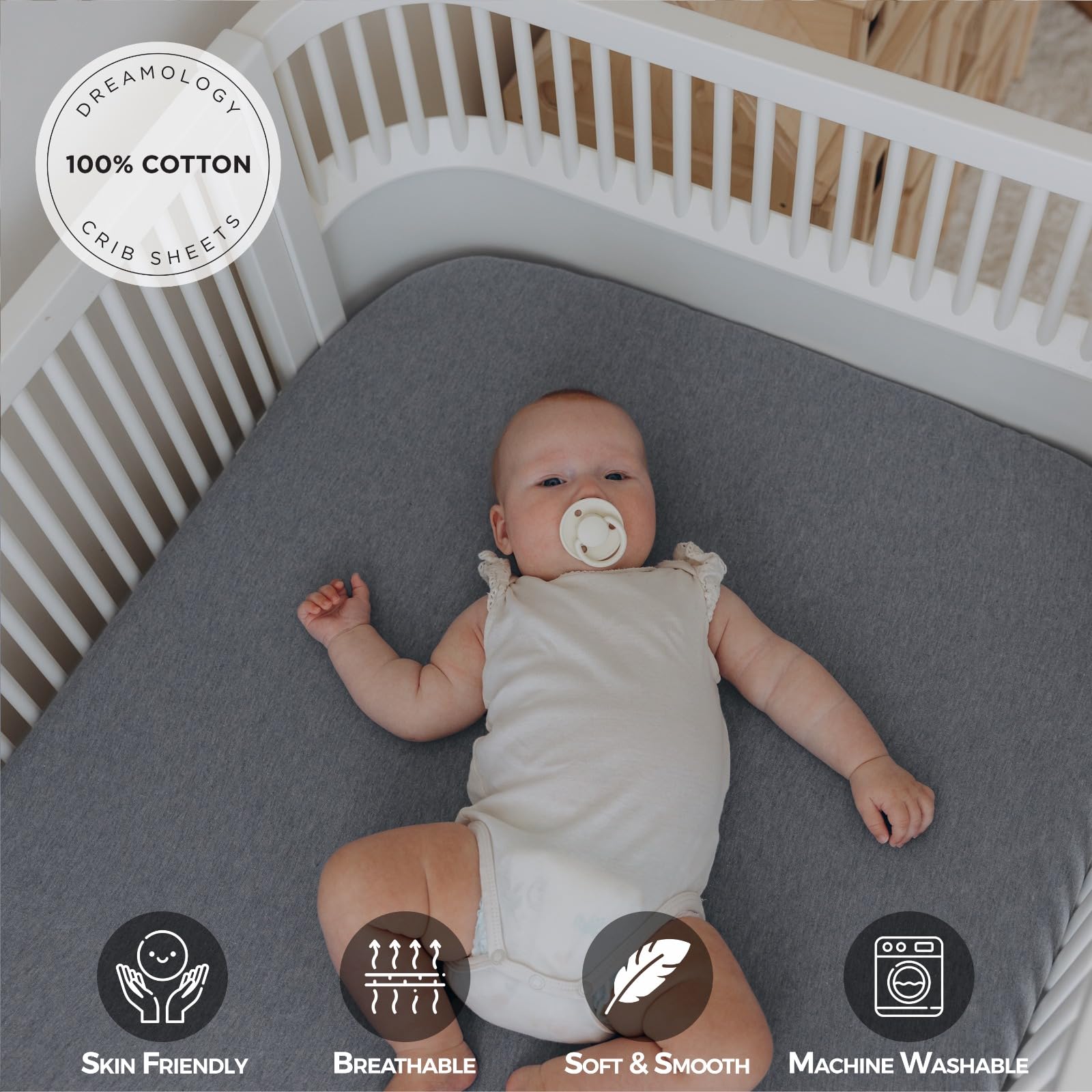 Dreamology mini crib sheets in grey tones suit modern nurseries for calm sleeping spaces.