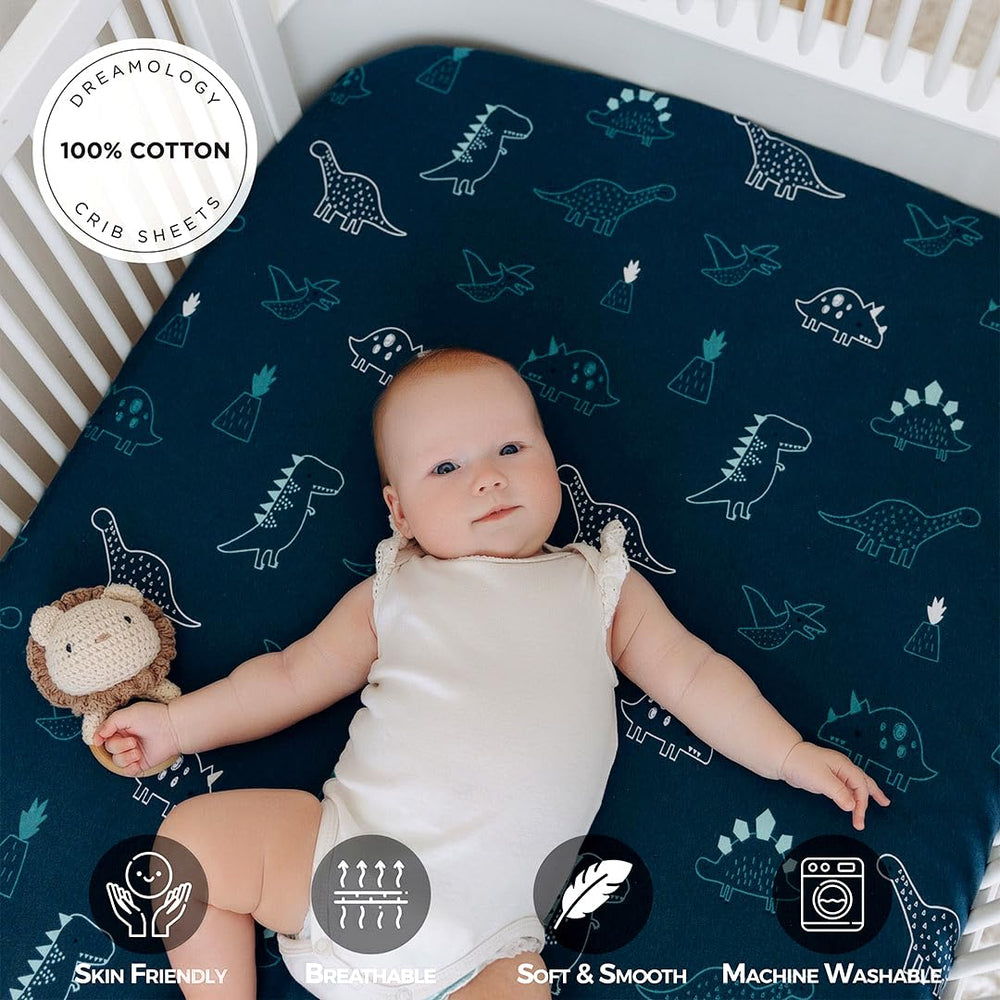 Dreamology mini crib sheets in Denim Blue showcase vibrant color and cozy feel.