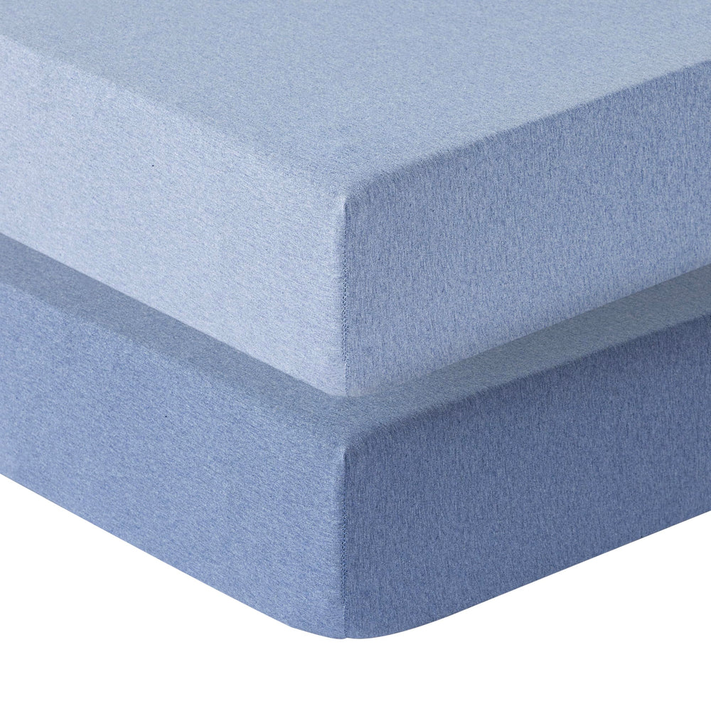 Dreamology mini crib sheets denim blue pack—soft cotton comfort for baby sleep.