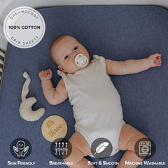 Dreamology mini crib sheets sky blue close-up—breathable cotton ideal for sensitive skin.