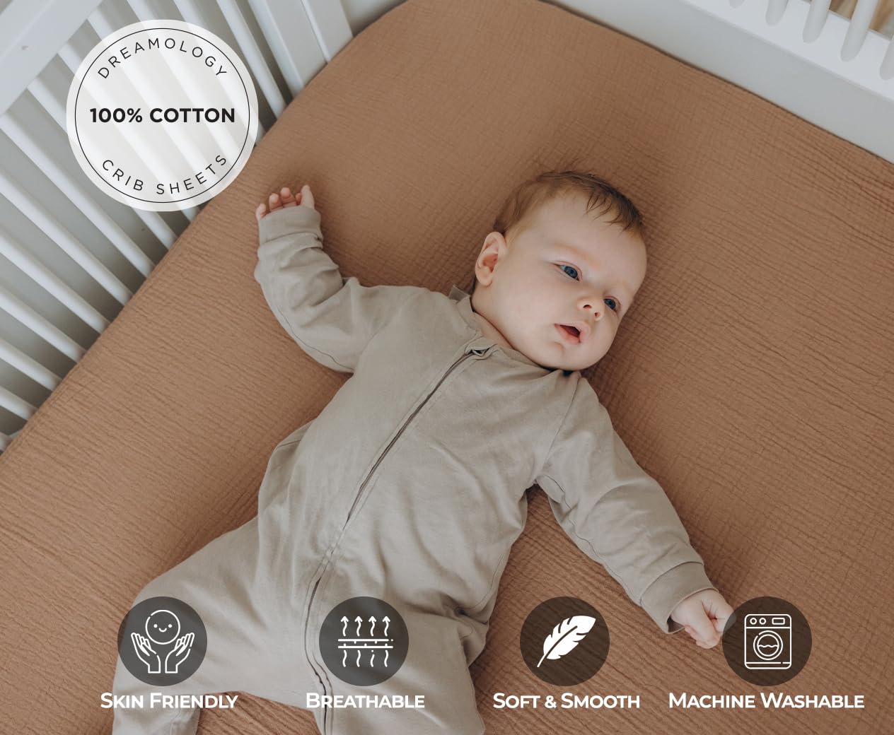 Dreamology Muslin crib sheets with elastic edge for secure fit on standard crib