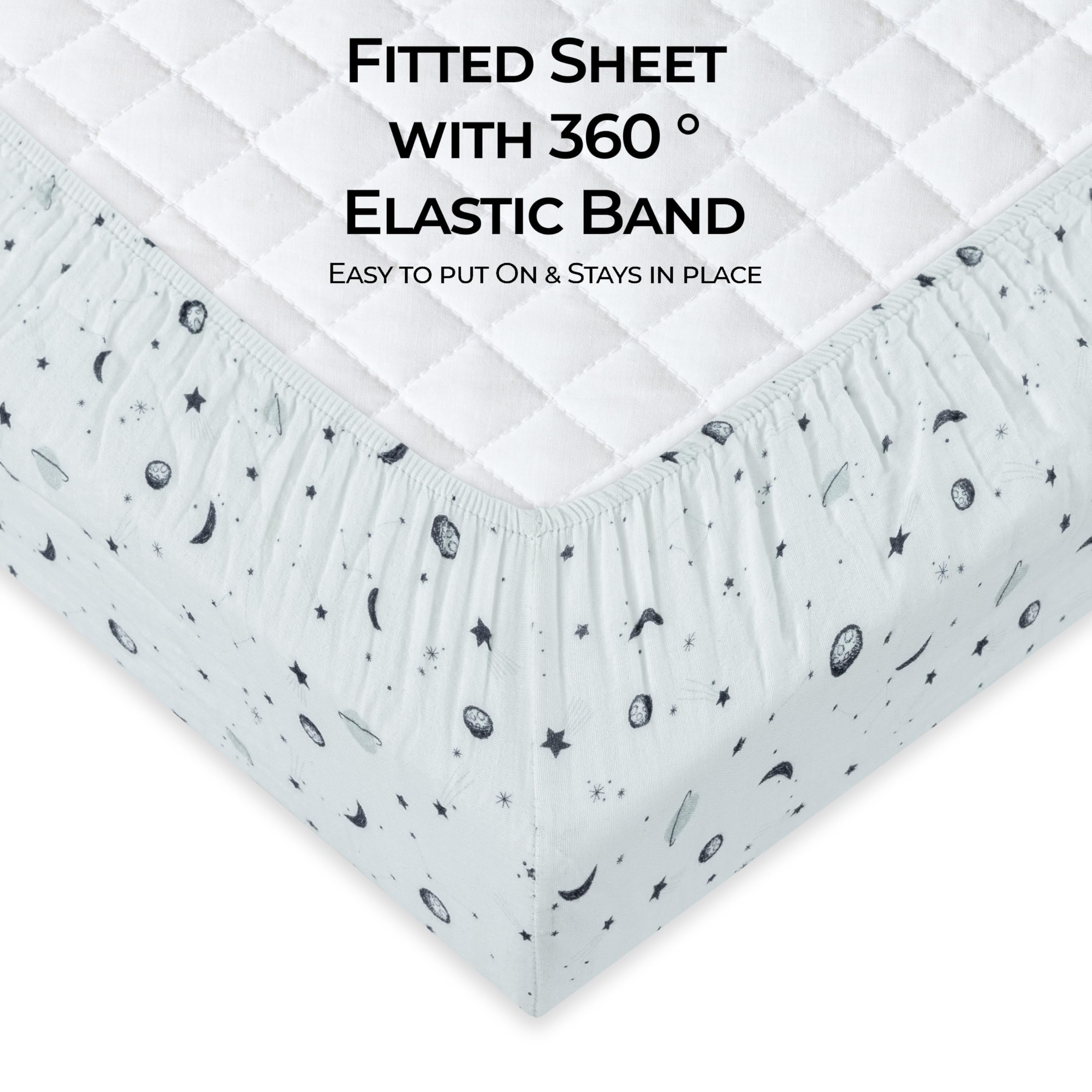 Dreamology Planets crib sheets elastic edge ensures secure, slip-resistant fit.