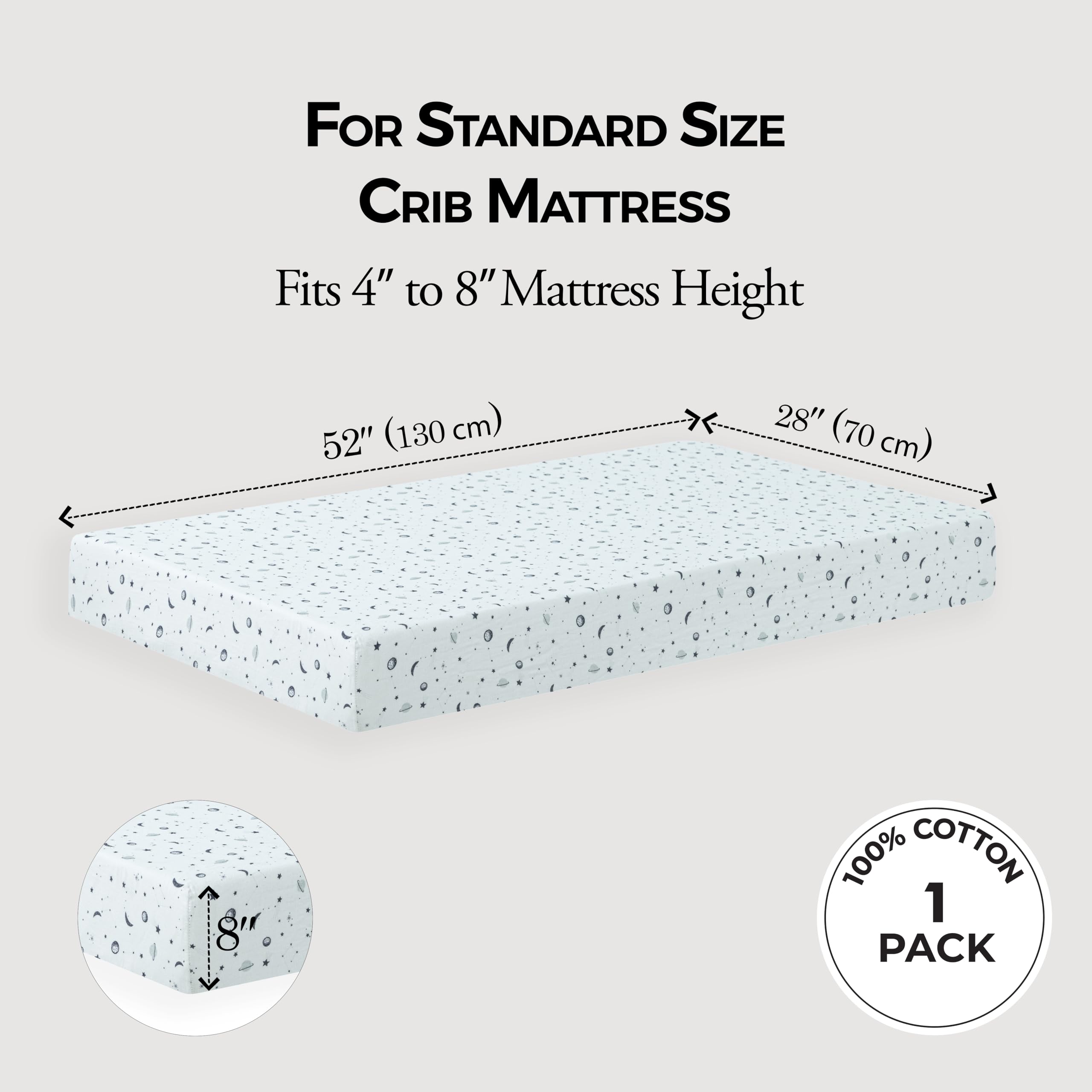 Dreamology Planets crib sheets demonstrating snug fit on a standard crib.