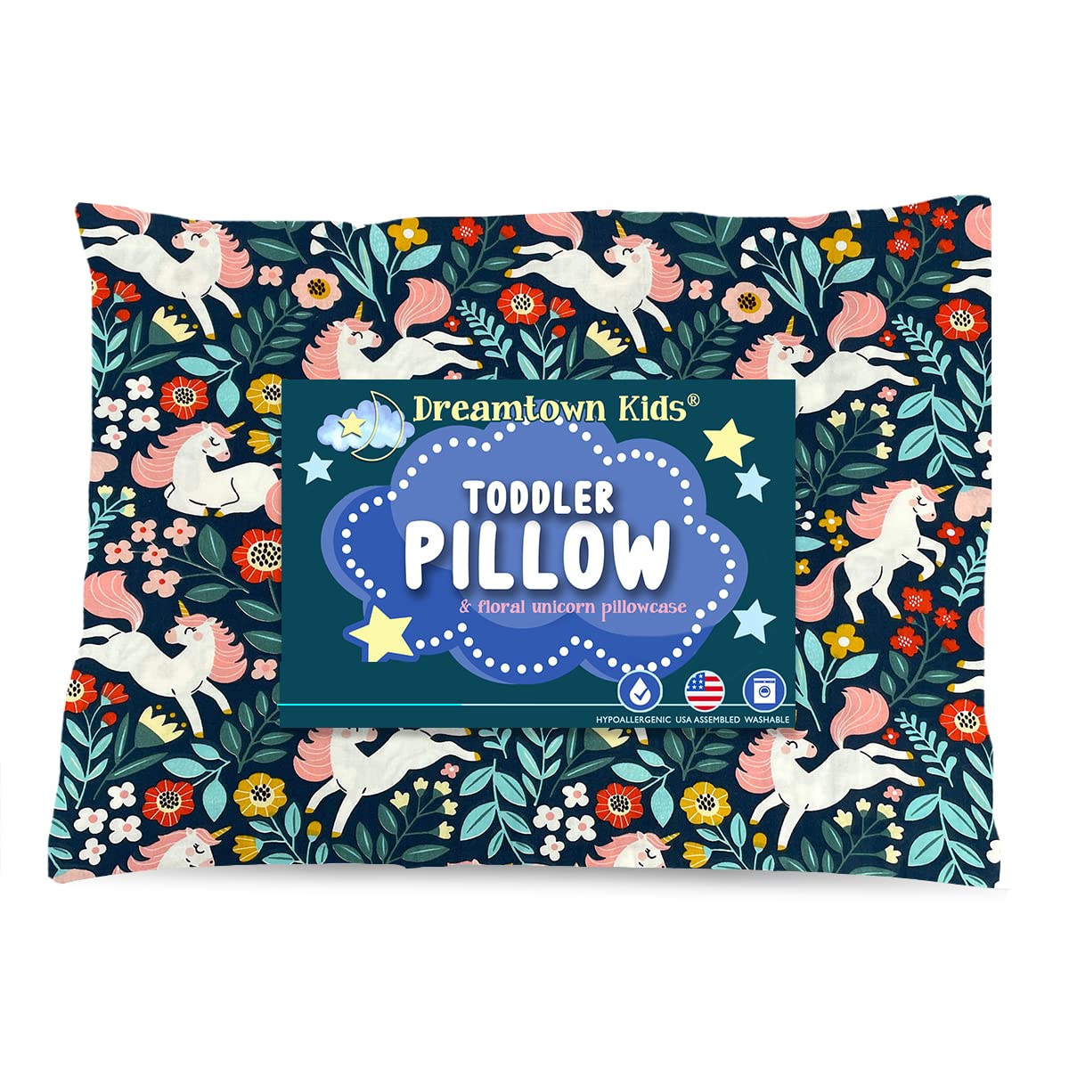 Dreamtown Kids toddler pillow with woodland unicorn closeup shows soft, hypoallergenic fabric for gentle naps