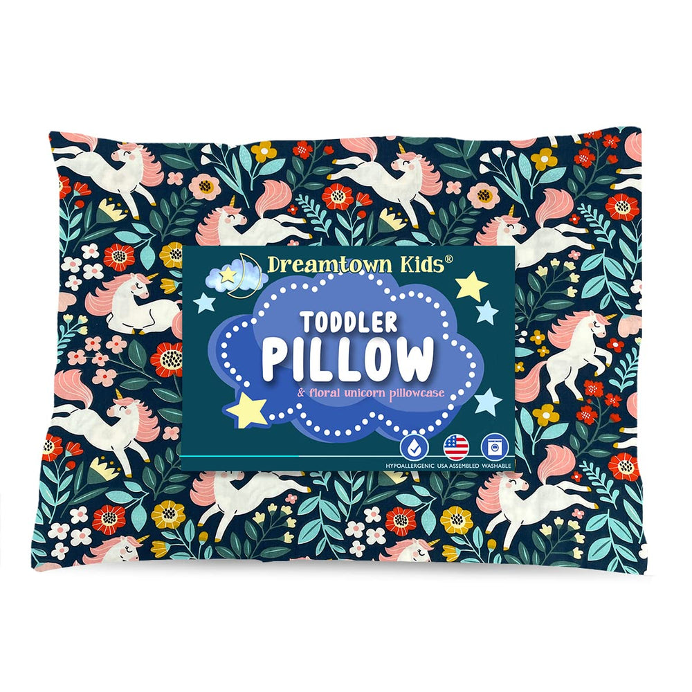 Dreamtown Kids toddler pillow with woodland unicorn closeup shows soft, hypoallergenic fabric for gentle naps