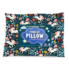 Dreamtown Kids toddler pillow with woodland unicorn closeup shows soft, hypoallergenic fabric for gentle naps