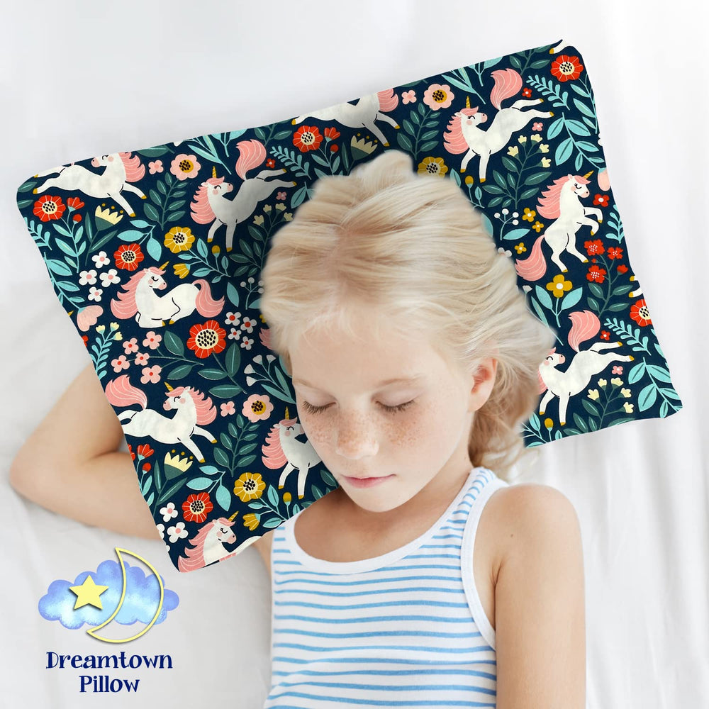 Dreamtown Kids toddler pillow design image highlights cute woodland unicorn pattern for bedtime fun and comfort