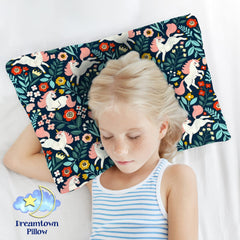 Dreamtown Kids toddler pillow design image highlights cute woodland unicorn pattern for bedtime fun and comfort
