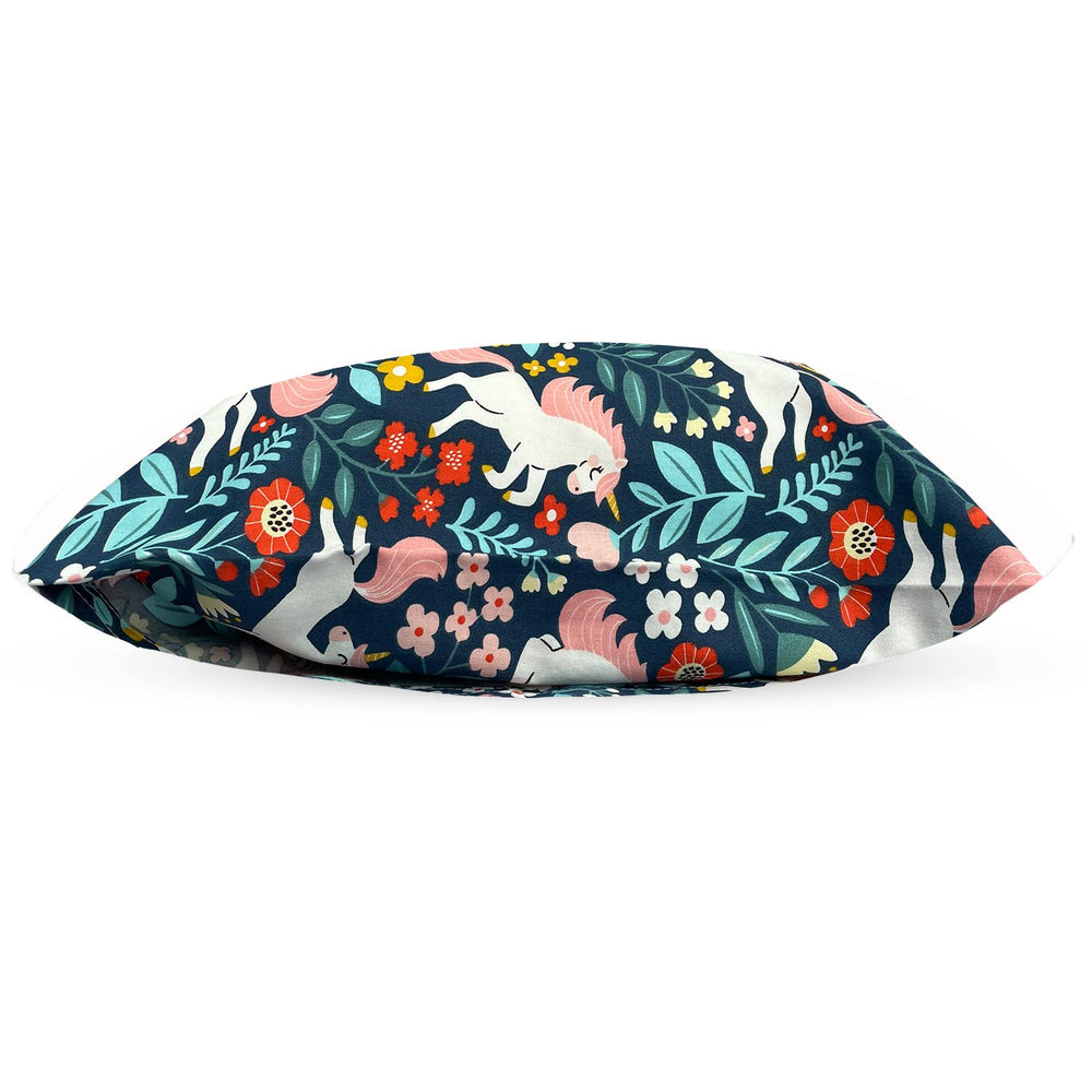 Dreamtown Kids pillowcase woodland unicorn print image demonstrates easy-care, machine-washable cover for busy families