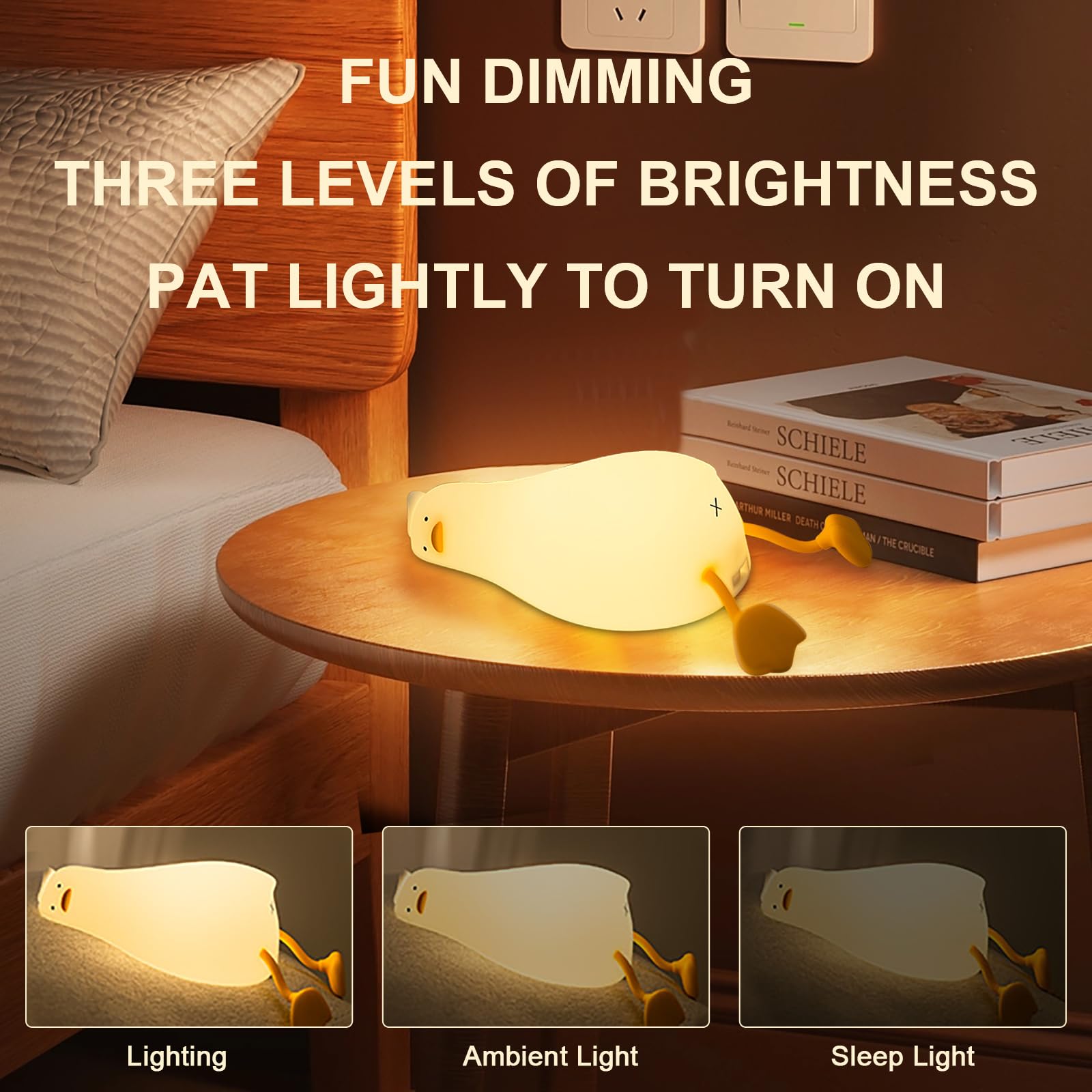 Drecoam Duck Night Light shows the phone-stand feature for hands-free use.