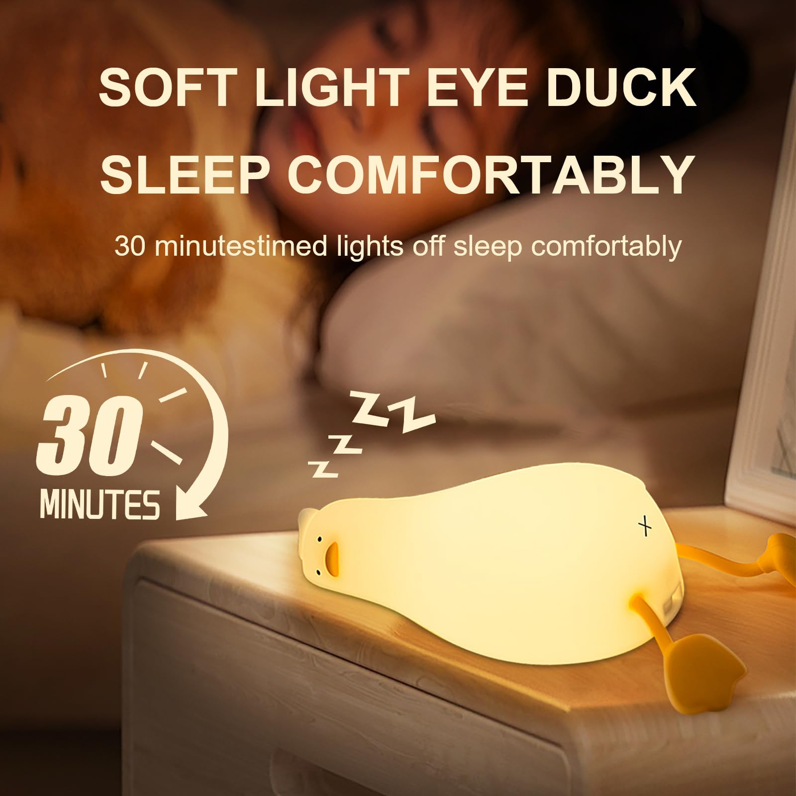 Drecoam Duck Night Light charging via USB-C for easy recharging.