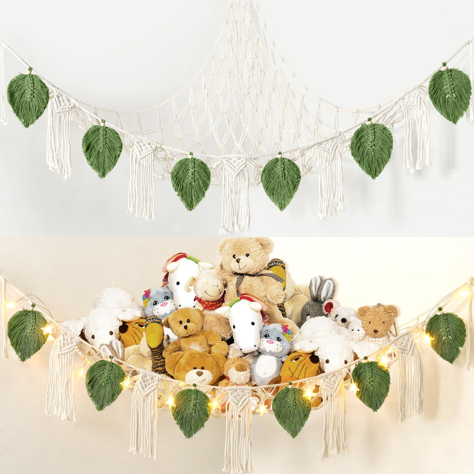 Dremisland stuffed animal net hammock star light in green provides organized toy storage and cozy ambiance