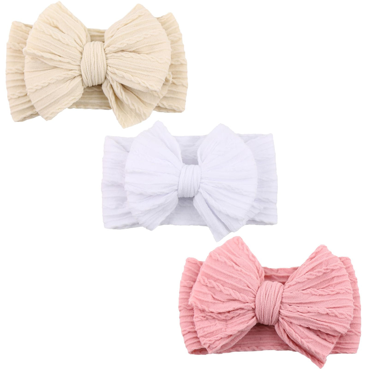 DRESHOW BQUBO baby headband with soft nylon bow for gentle wear.