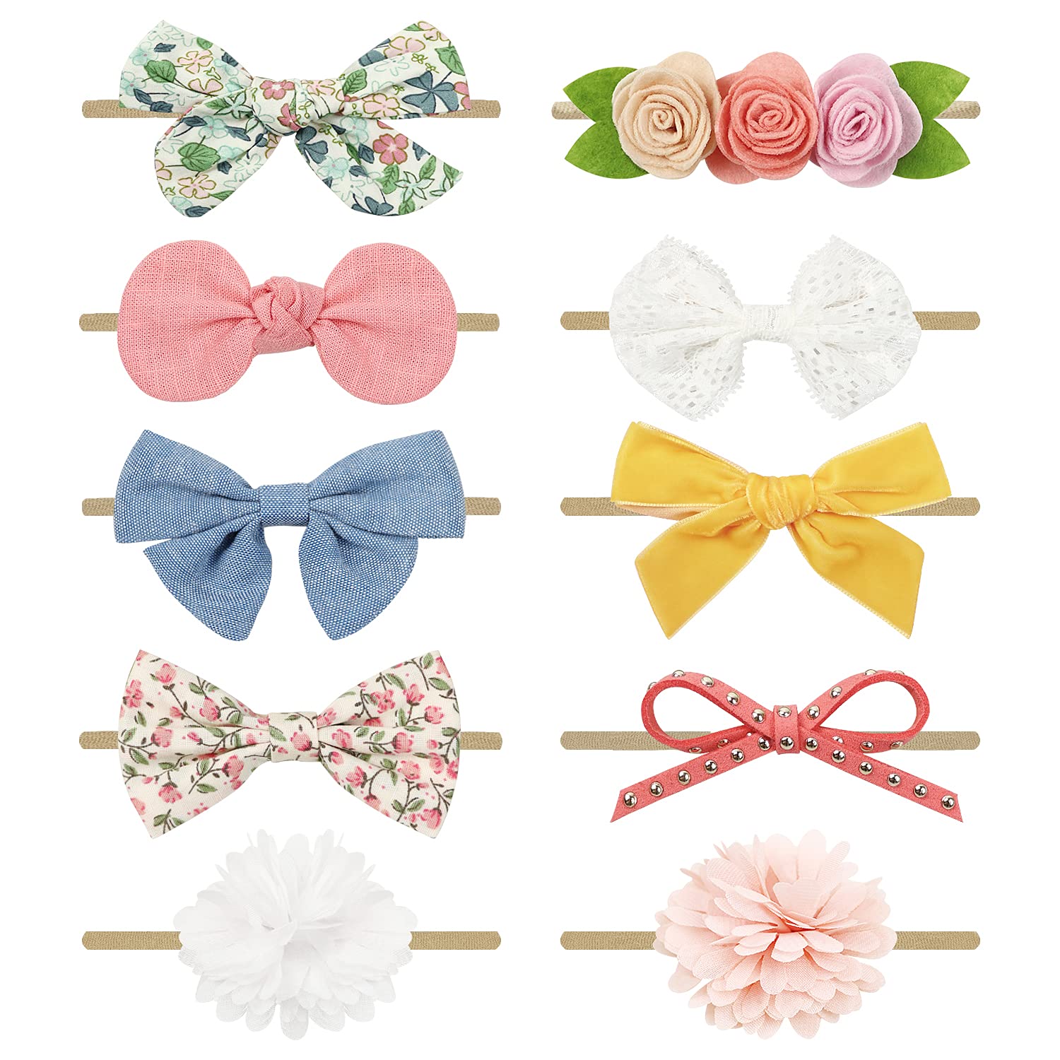 DRESHOW BQUBO baby headbands variety pack with soft nylon bands for newborns.