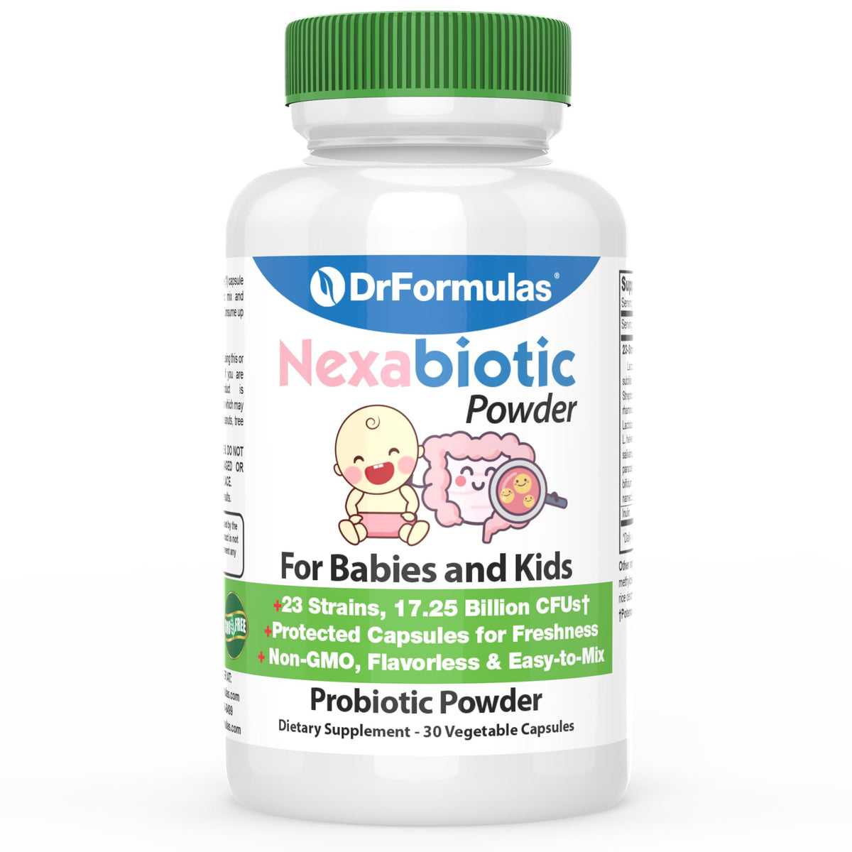 DrFormulas Nexabiotic probiotic powder shown with a baby spoon for gentle dosing.