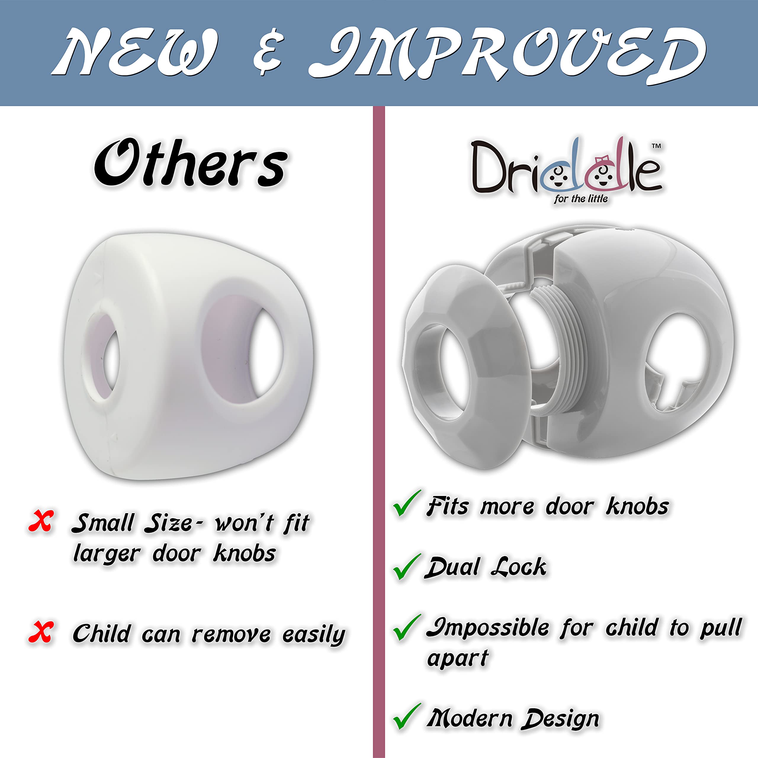 Driddle 5-pack dimensions view shows fit for standard spherical doorknobs.