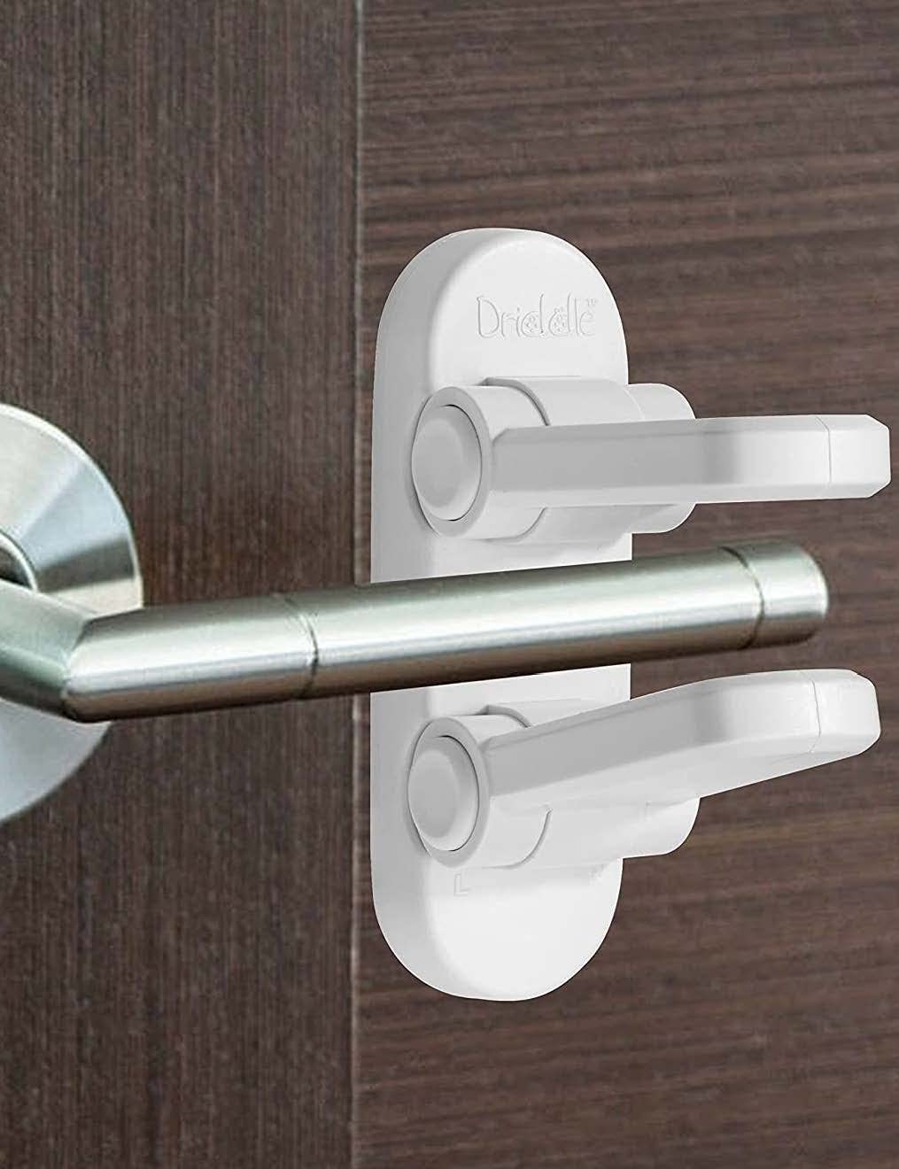Driddle door lever lock ready with adhesive for quick, damage-free installation.