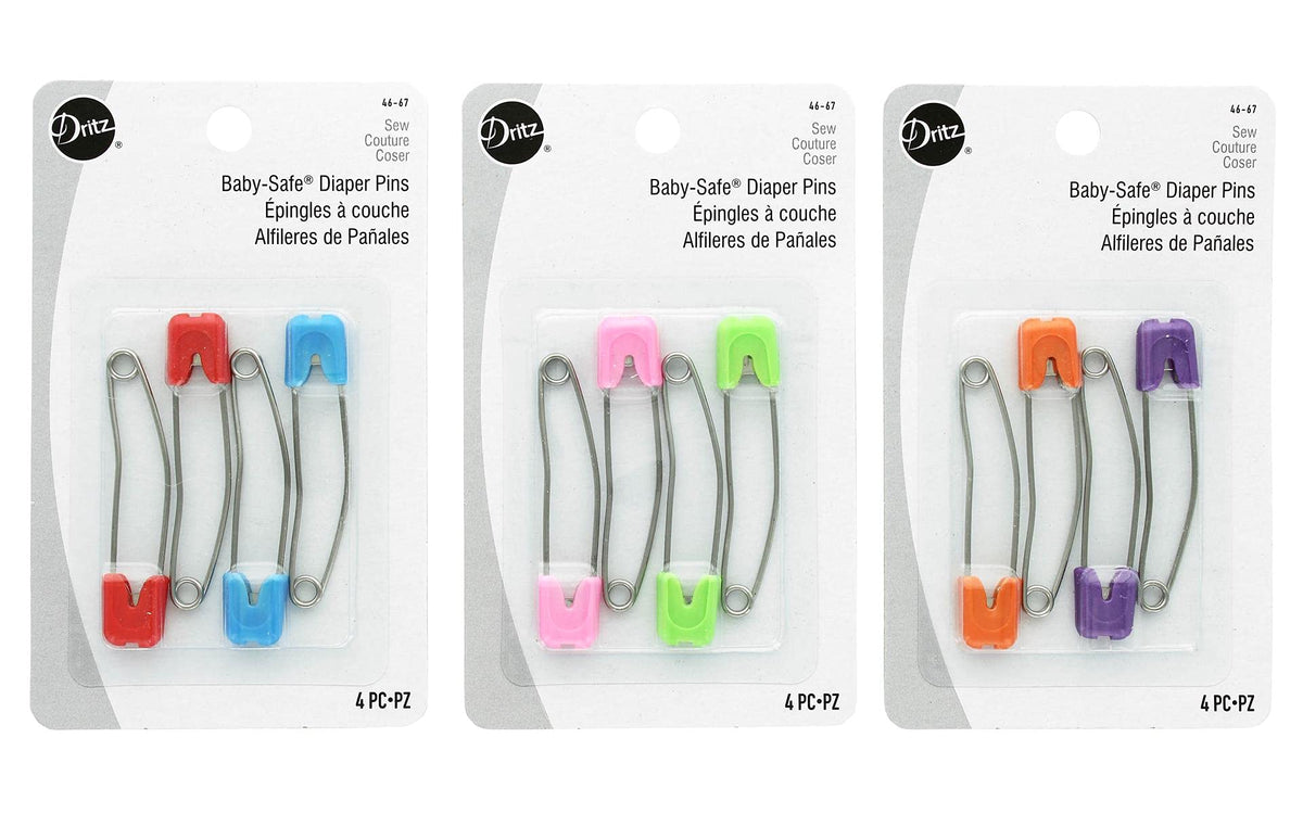 Dritz diaper pins with curved safety caps for gentle cloth diaper fastening.