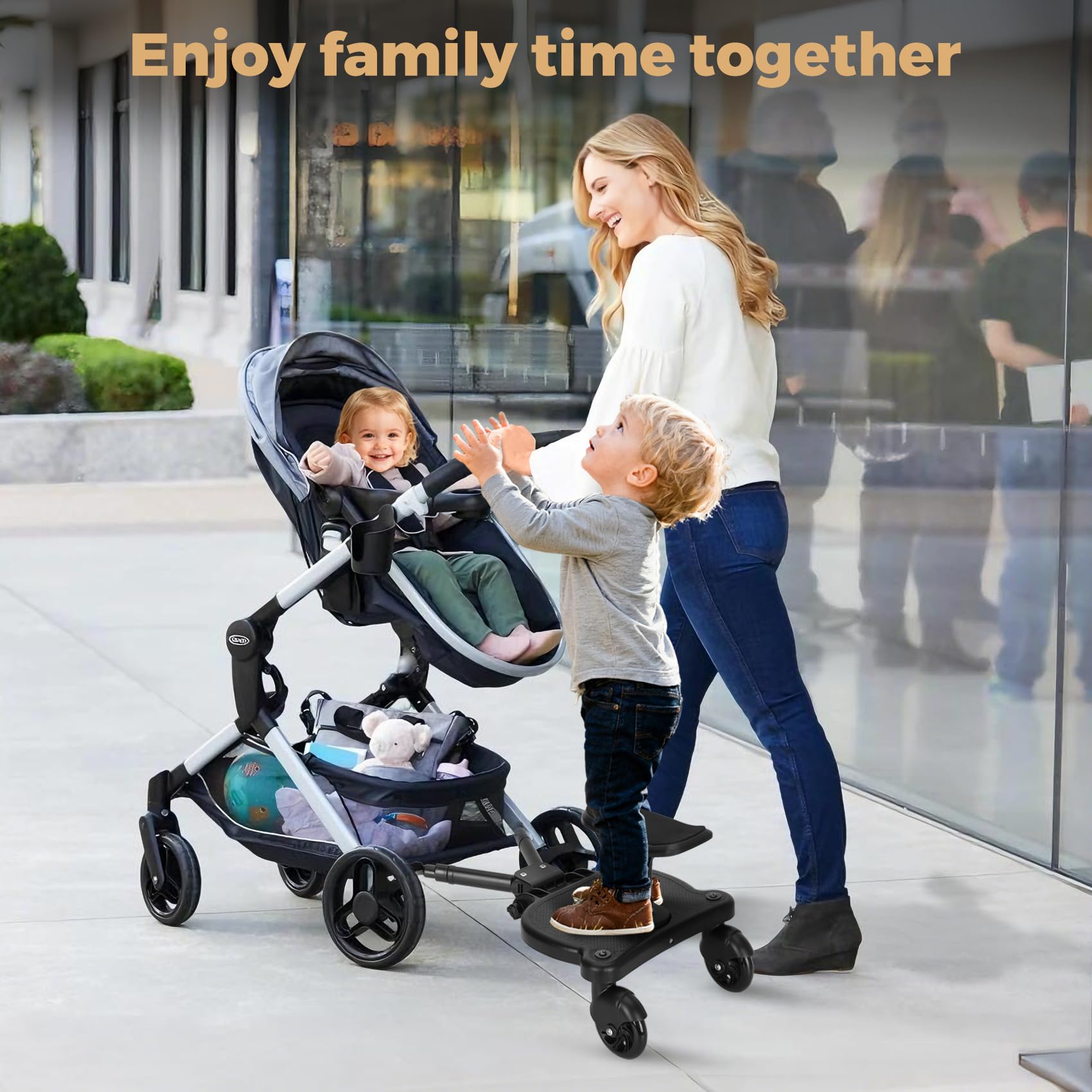 Drizzlen stroller board adjustable height and width for a comfortable stride