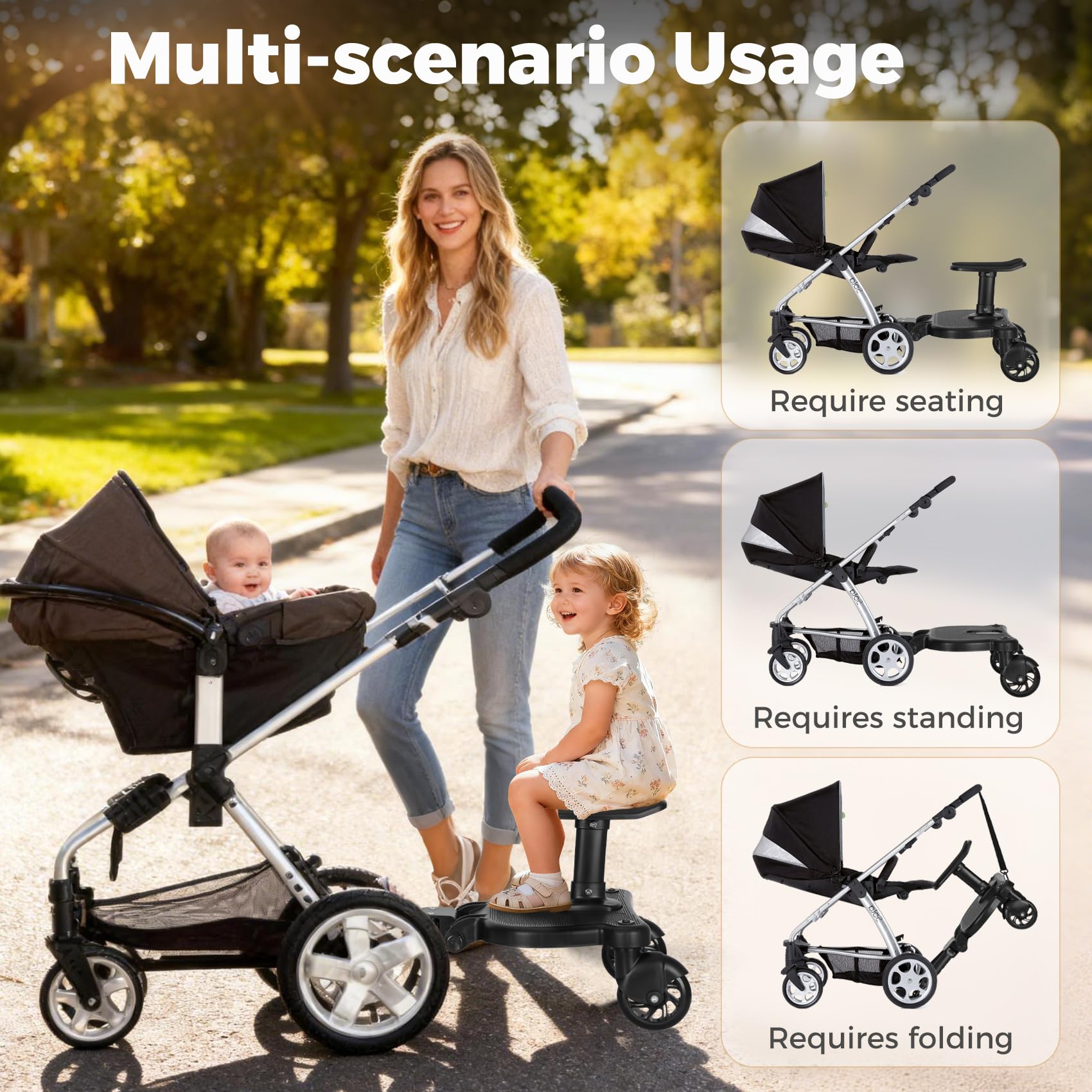 Drizzlen stroller board with detachable seat for flexible on-the-go seating