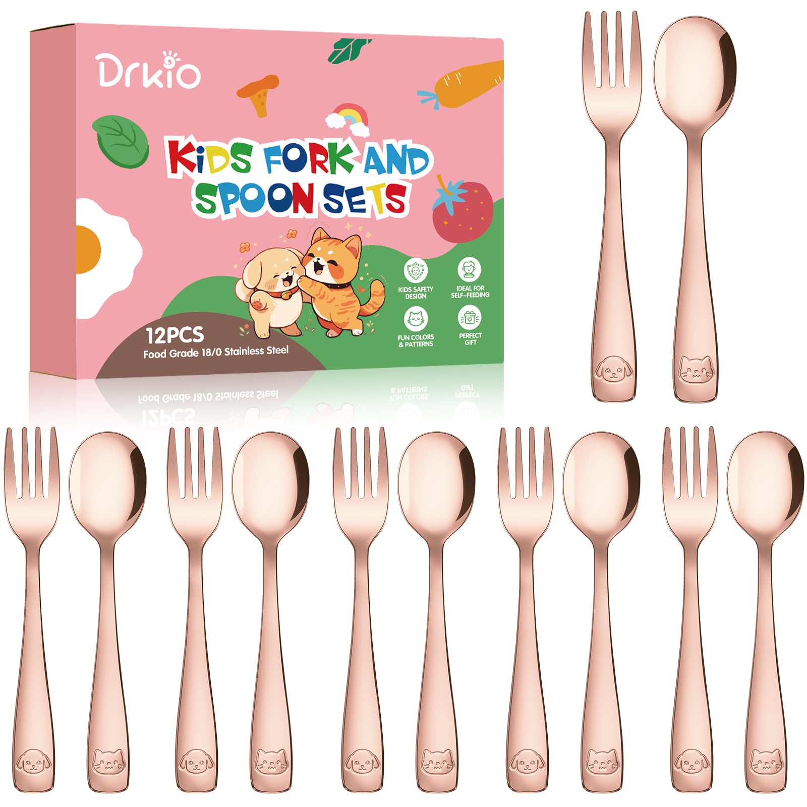 DRKIO 12-piece toddler utensils set in rose gold for safe, easy self-feeding