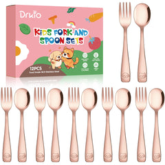 DRKIO 12-piece toddler utensils set in rose gold for safe, easy self-feeding