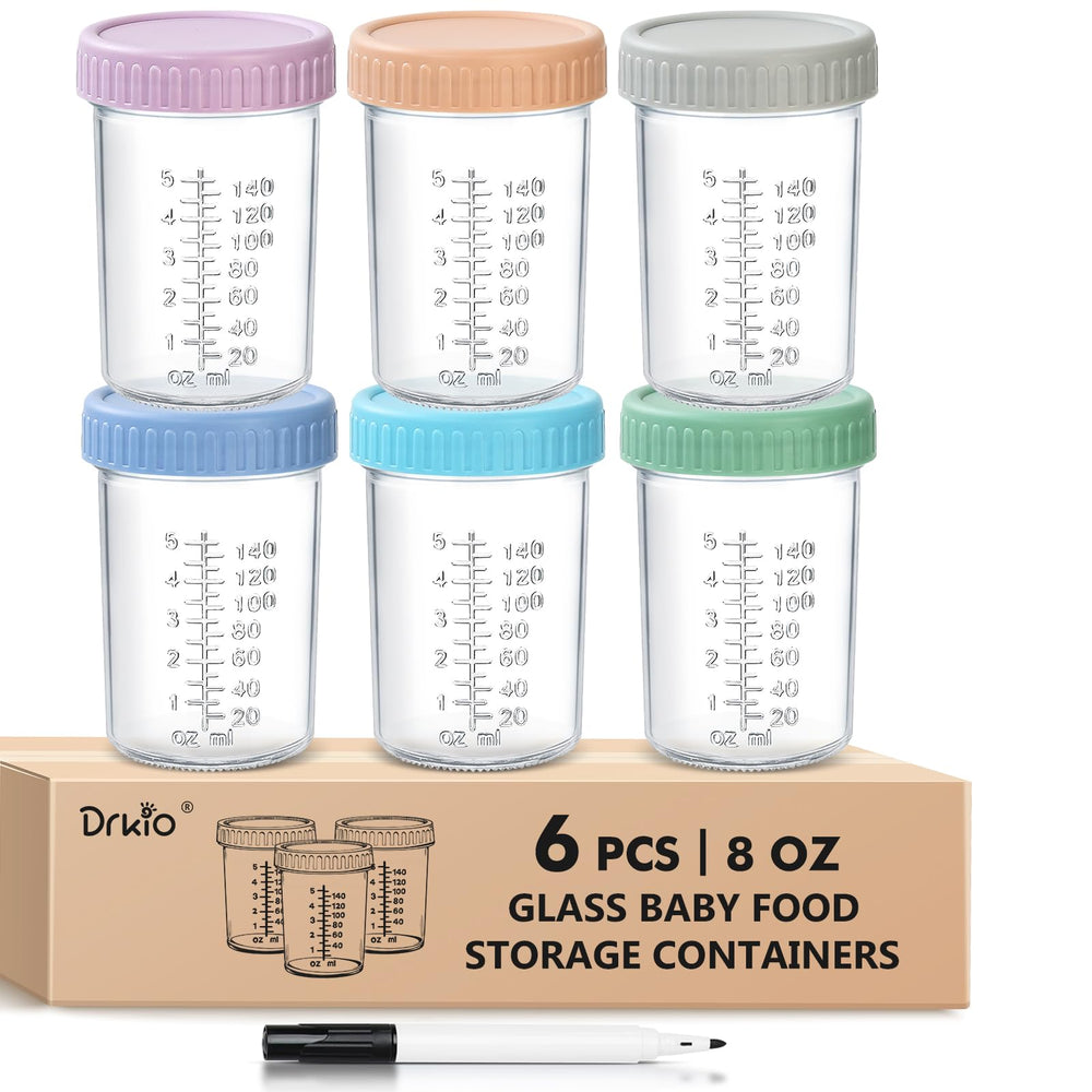 DRKIO 6-pack glass baby food containers for easy portioning on the go