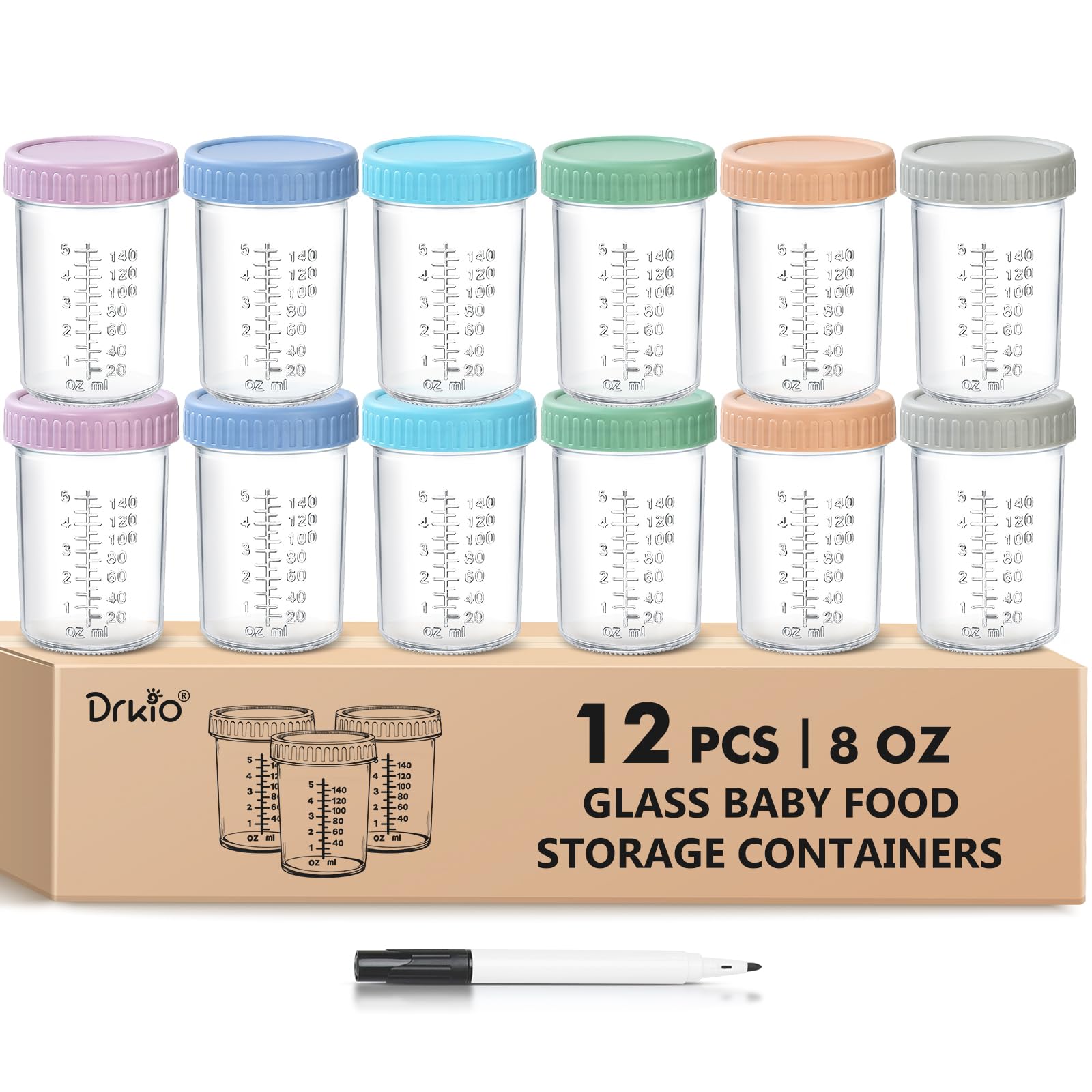 DRKIO glass baby food jars 8oz set with colorful lids for durable storage