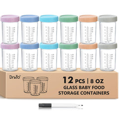 DRKIO glass baby food jars 8oz set with colorful lids for durable storage
