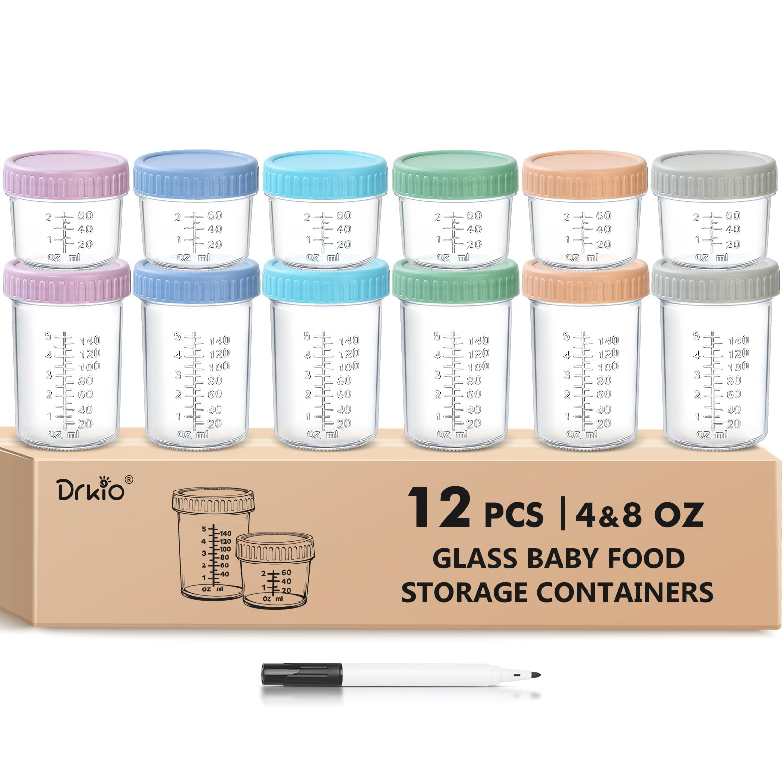 DRKIO glass jars show 4oz and 8oz marks for precise portions.