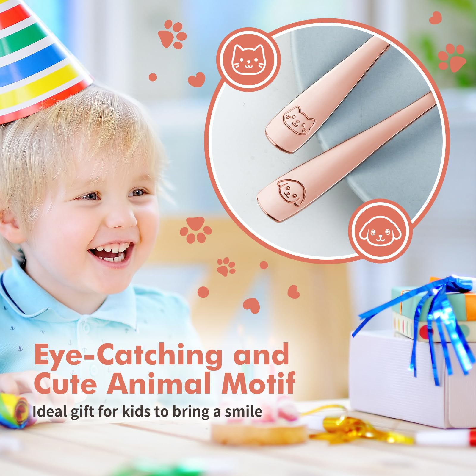 Mirror-polished finish with playful animal motifs enhances mealtime experience