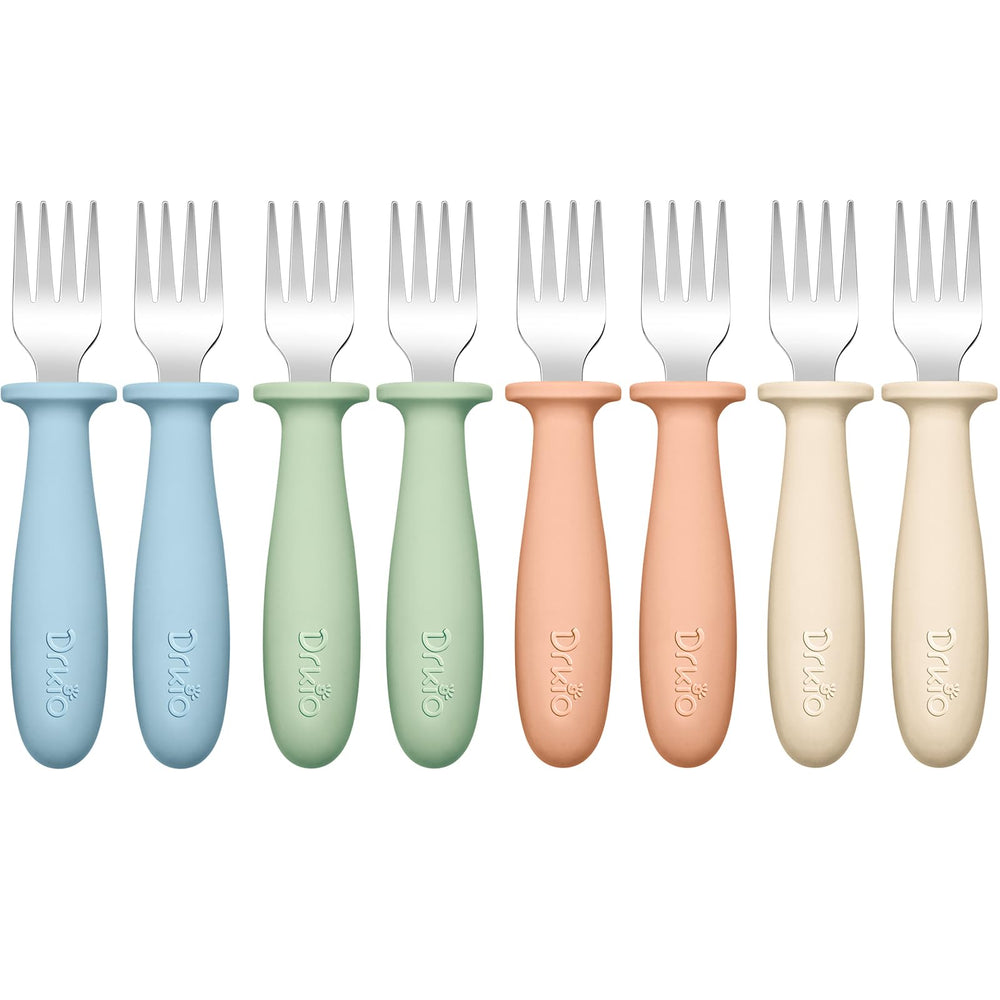 DRKIO toddler forks in four colors to encourage self-feeding and grip.