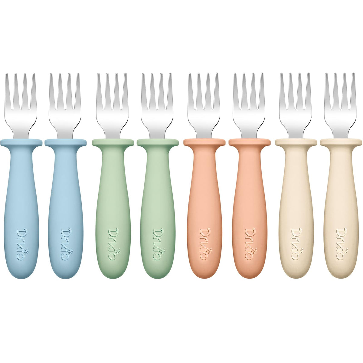 DRKIO toddler forks in four colors to encourage self-feeding and grip.