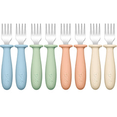 DRKIO toddler forks in four colors to encourage self-feeding and grip.