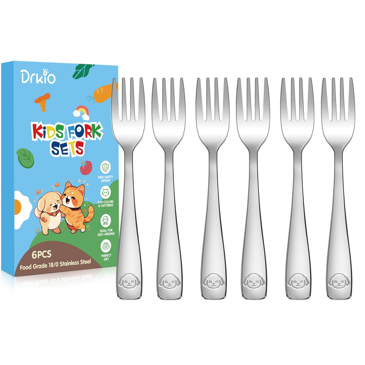 DRKIO 6-piece toddler forks close-up highlighting durable stainless steel for easy self-feeding