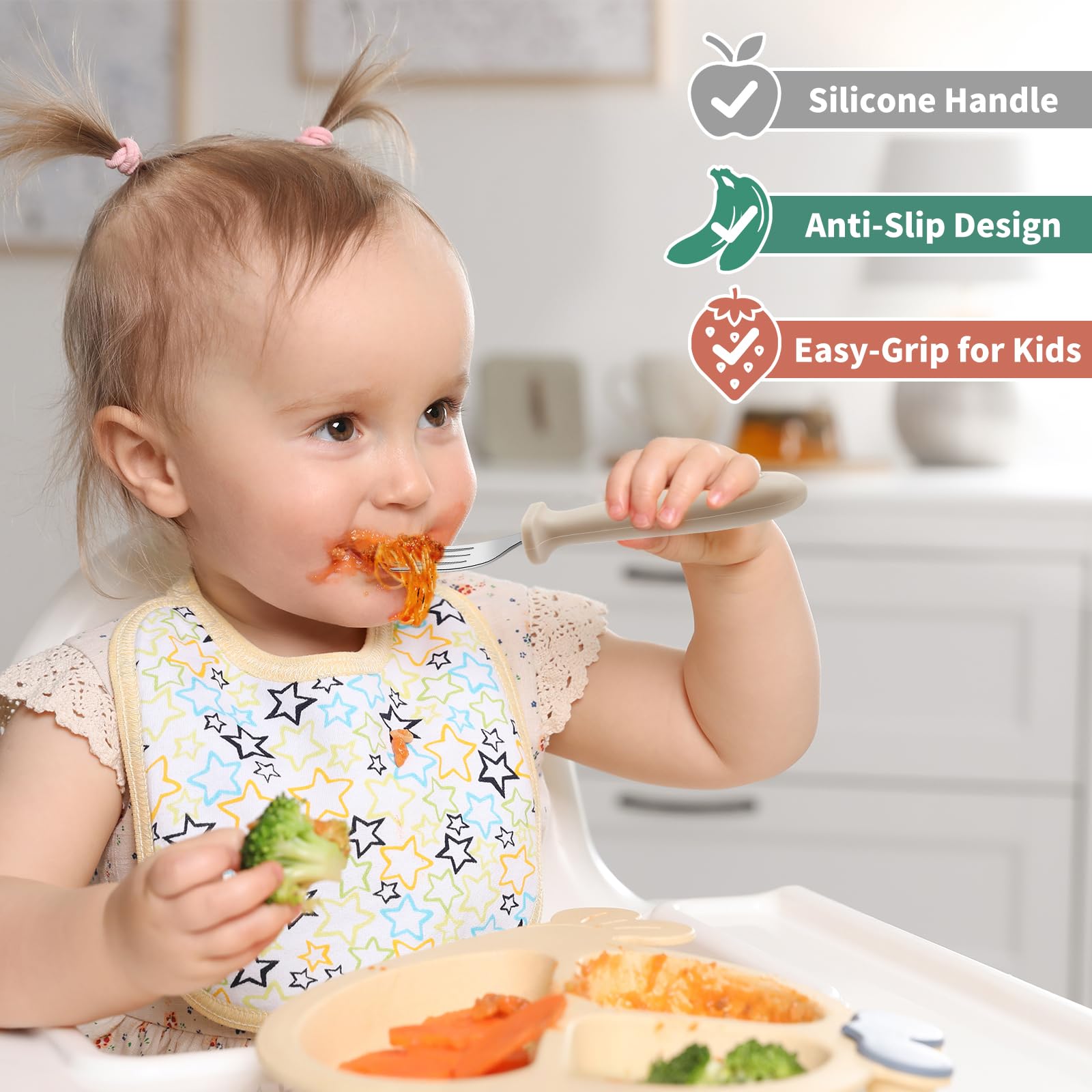 DRKIO toddler forks silicone grip provides non-slip control for small hands